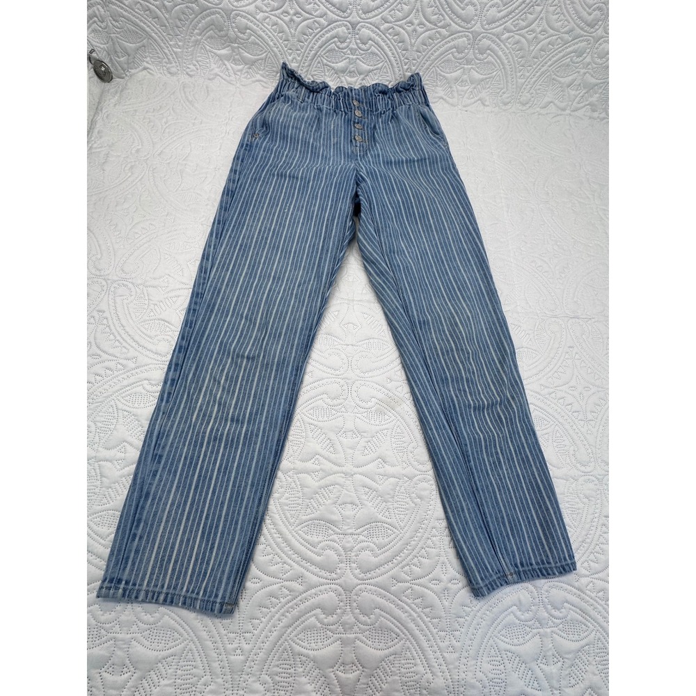American Eagle Striped Paperbag Waist Straight Leg Jeans Blue White High Rise